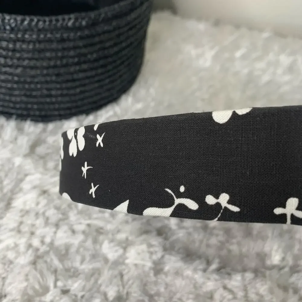 Black Straw Basket Floral Fabric Covered Lid 11 x5